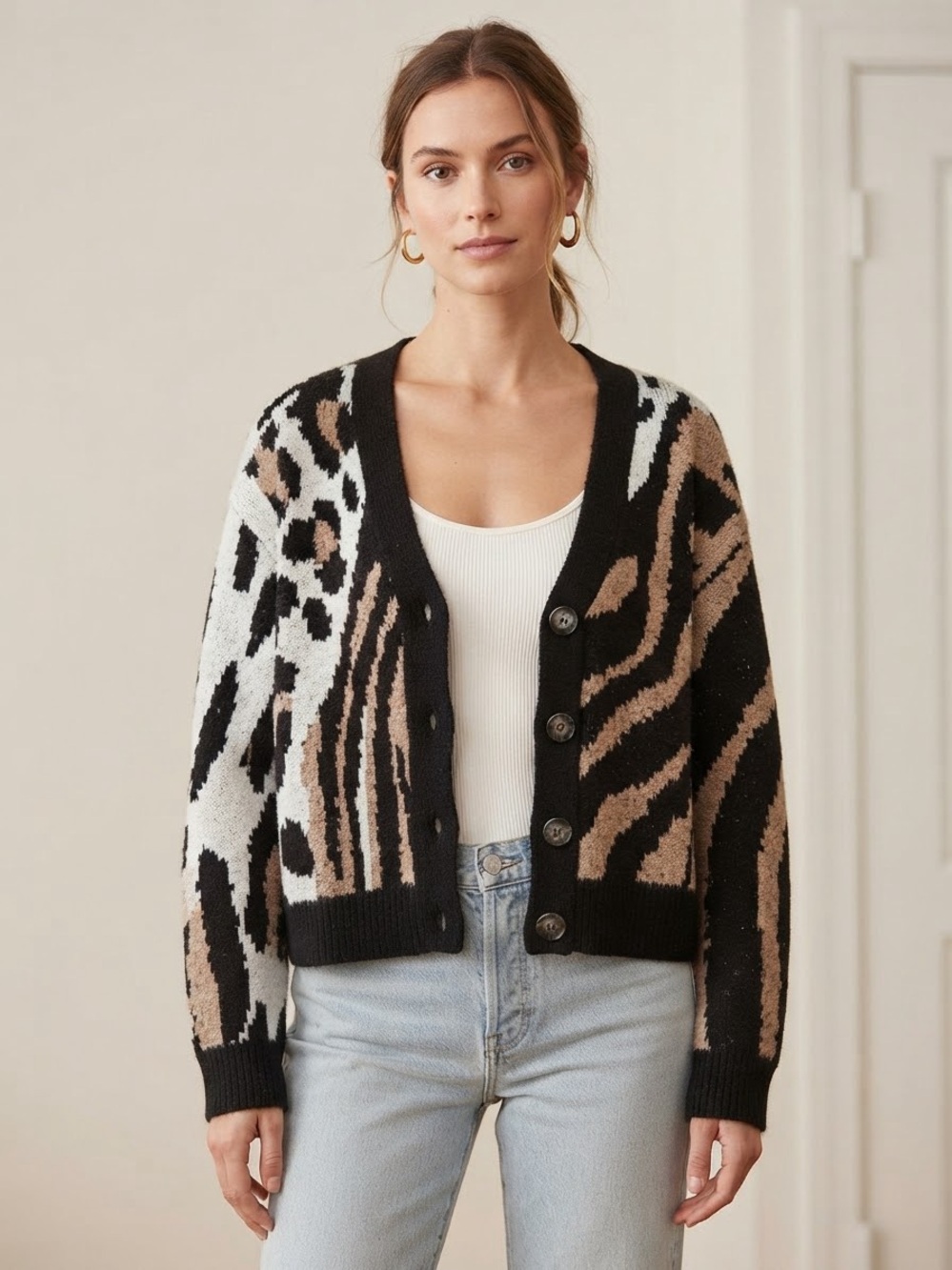 Animal-Print Button Cardigan Sweater